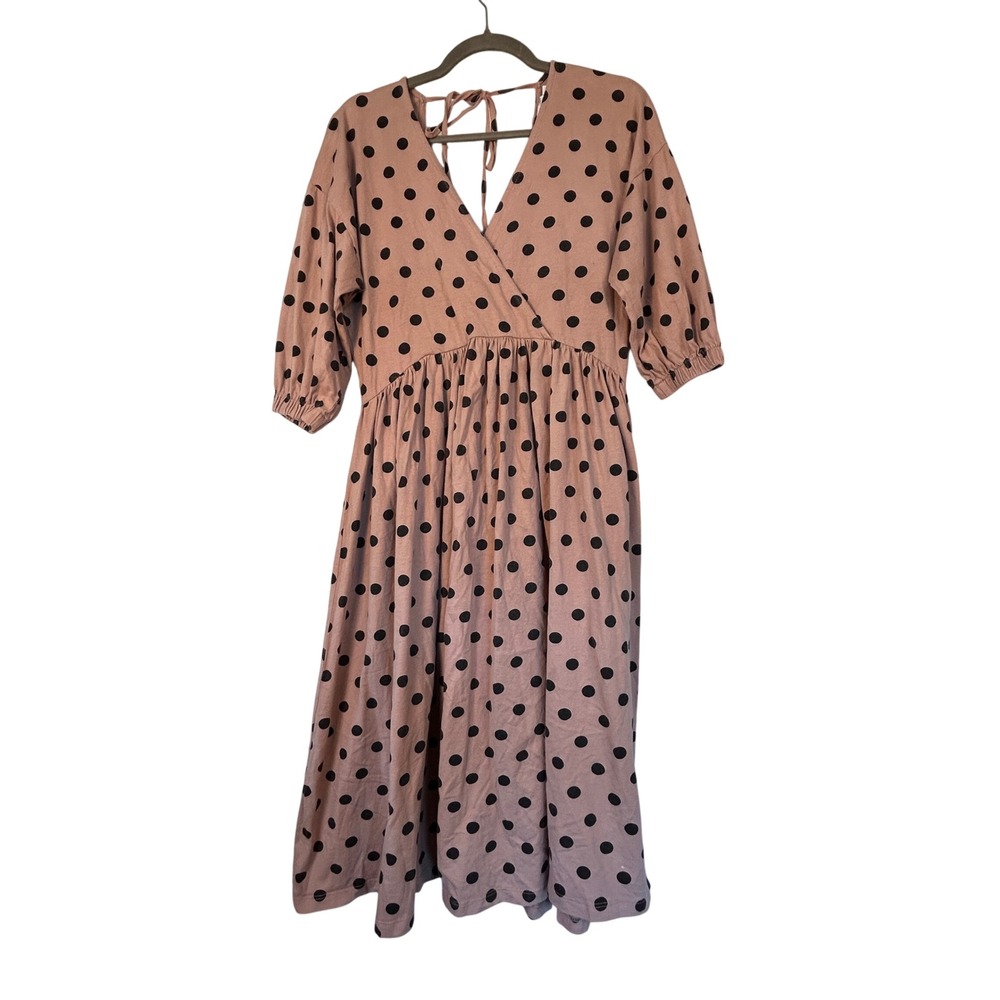 ASOS DESIGN Mauve Polka Dot Midi Dress V-Neck Puff Sleeve Cotton US 4 10939750